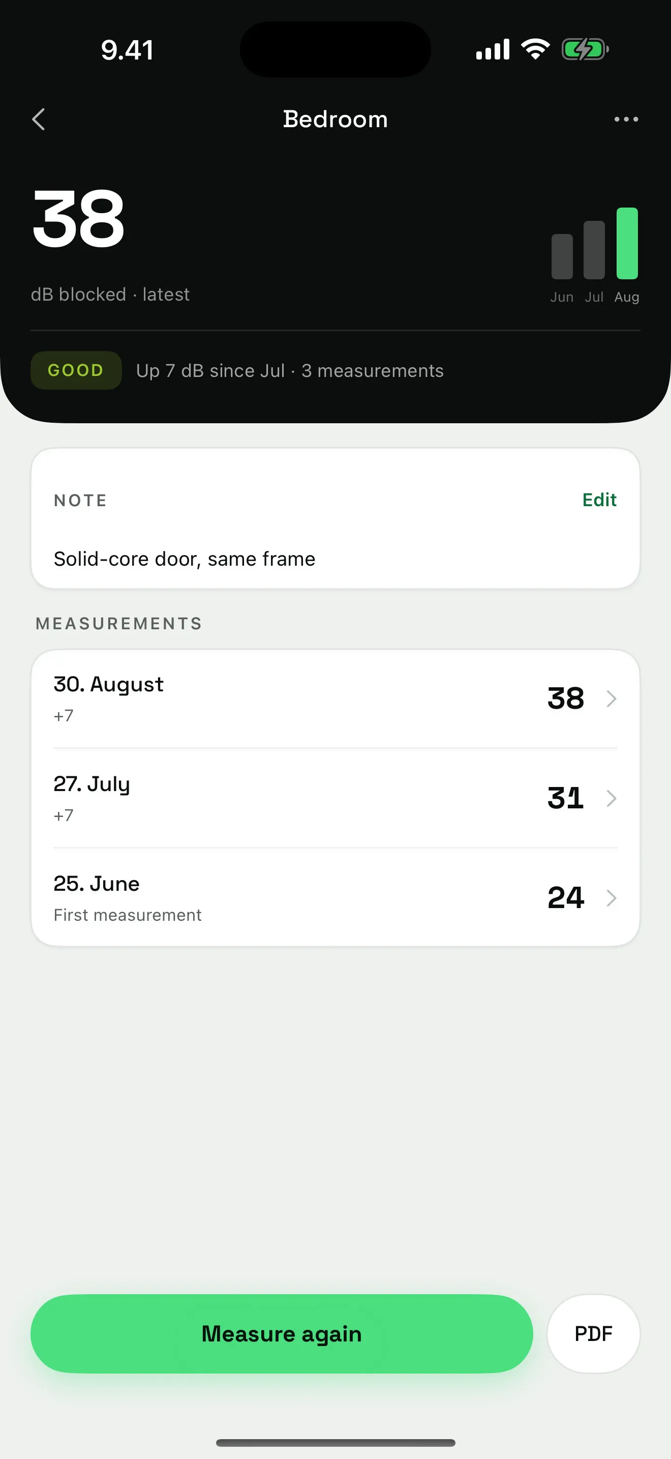 Room history for a bedroom door showing three measurements: 24, then 31, then 38