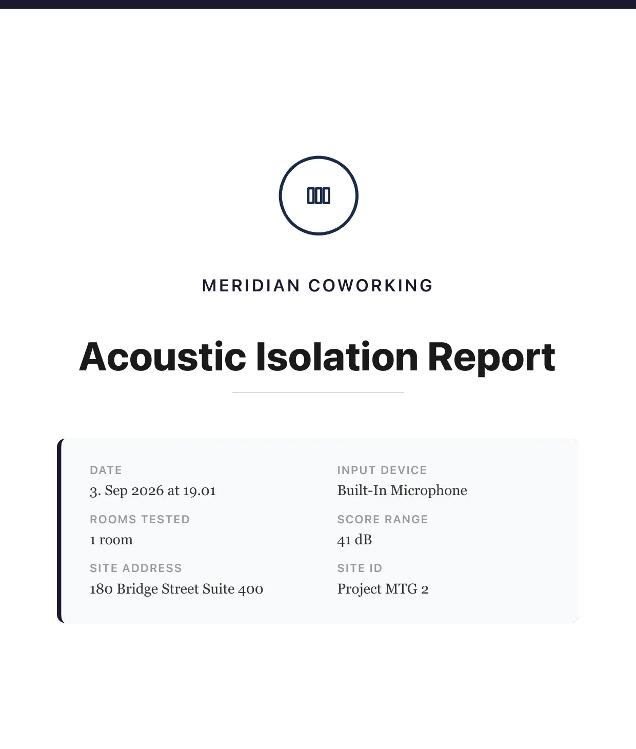 Report cover branded for Meridian Coworking, additionally showing site address and site ID